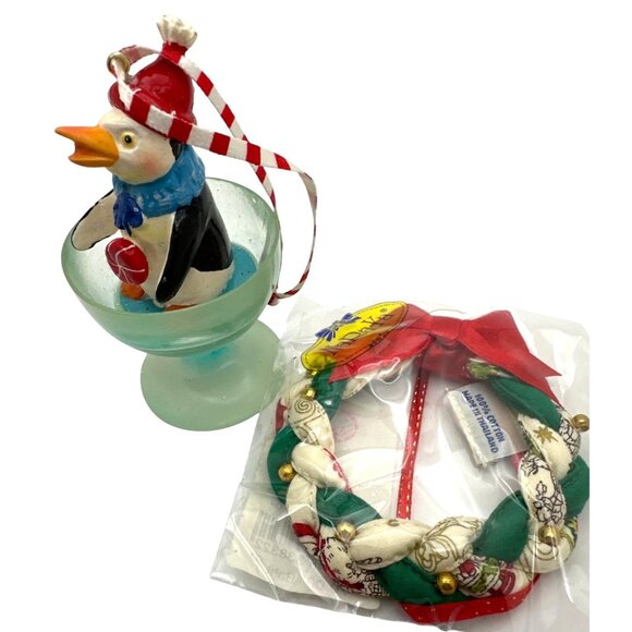 Festive Christmas Ornament Penguin in Cup & Wreath Vintage Lot of 2 Gift Giving - Picture 1 of 6